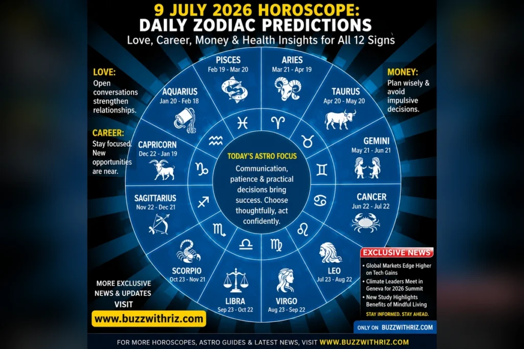 9 July 2026 horoscope with daily zodiac predictions for love, career, money and health.