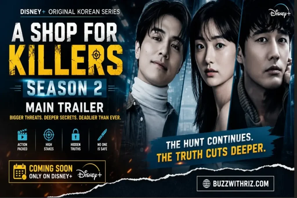 A Shop for Killers Season 2 main trailer featuring the lead cast on Disney+ Singapore promotional artwork.
