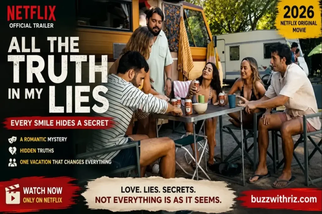 Friends gathered outside a camper in Netflix's All the Truth in My Lies official trailer during a vacation scene.