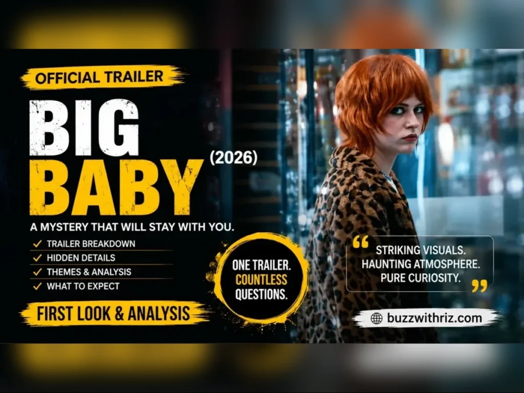 Character with vibrant orange hair wearing a leopard-print coat inside a convenience store in the Big Baby (2026) official trailer.