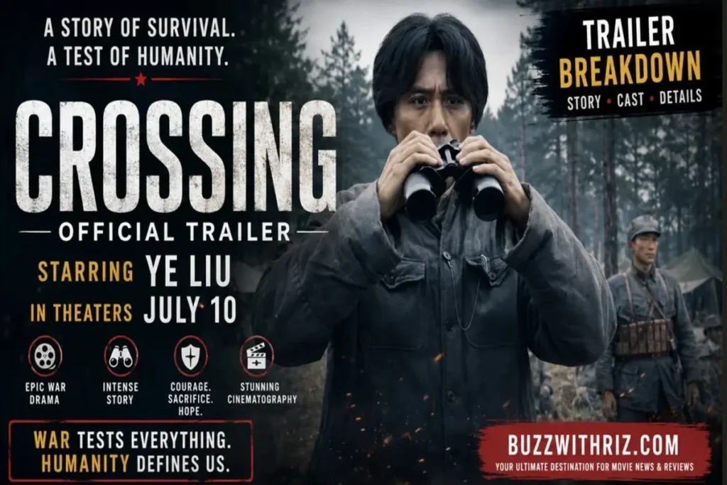 CROSSING (2026) official trailer featuring Ye Liu observing the battlefield with binoculars during a tense wartime scene.