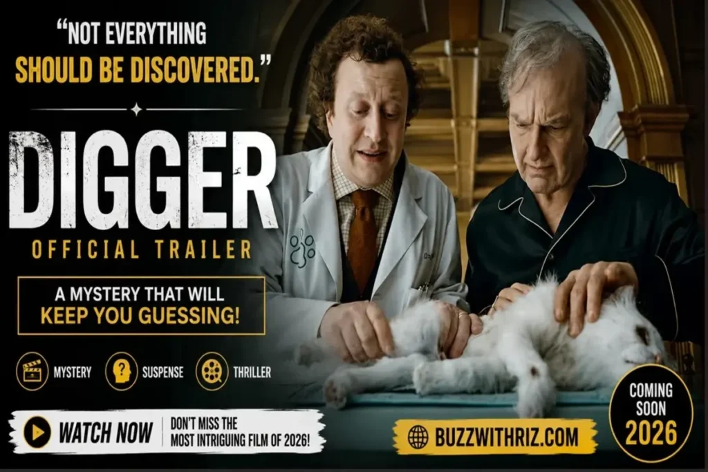 Veterinarian examining a white rabbit in the DIGGER (2026) Official Trailer