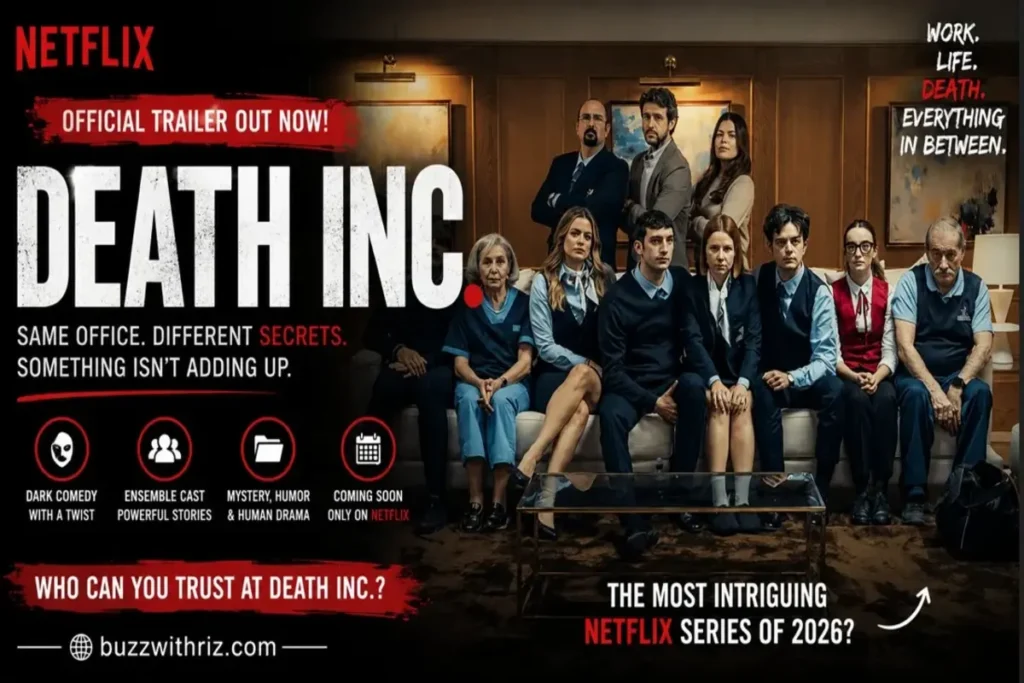 Cast members from Netflix's Death Inc. featured in the official trailer, showcasing the workplace dark comedy series with its ensemble characters.