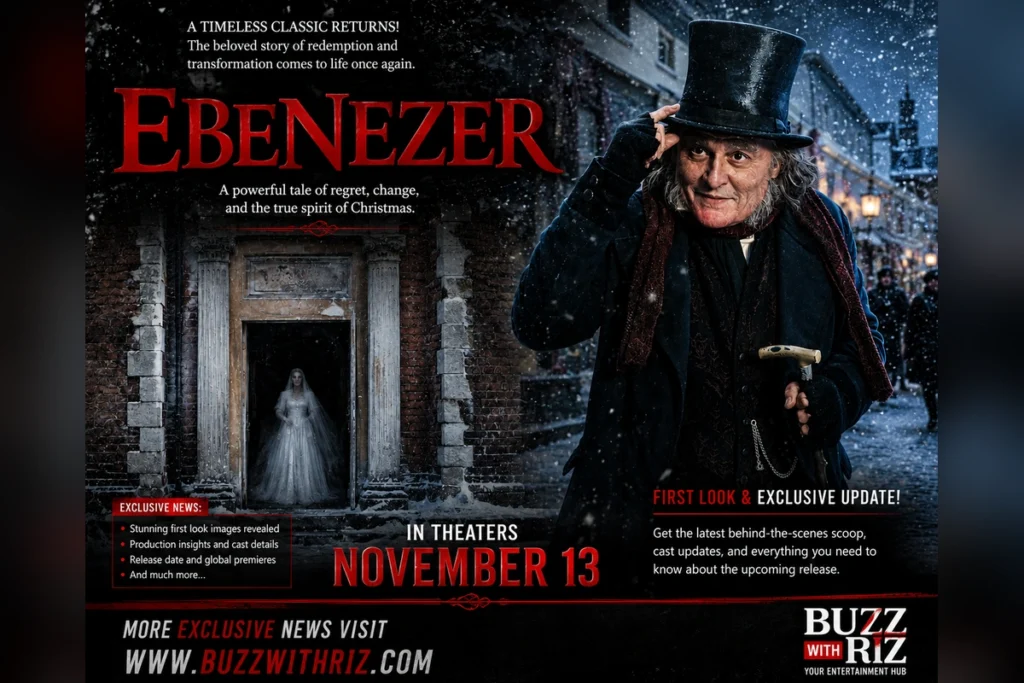 Dark Victorian-style Ebenezer: A Christmas Carol promotional artwork featuring Ebenezer Scrooge in a snowy street alongside a ghostly figure, highlighting the first-look trailer and theatrical release on November 13.