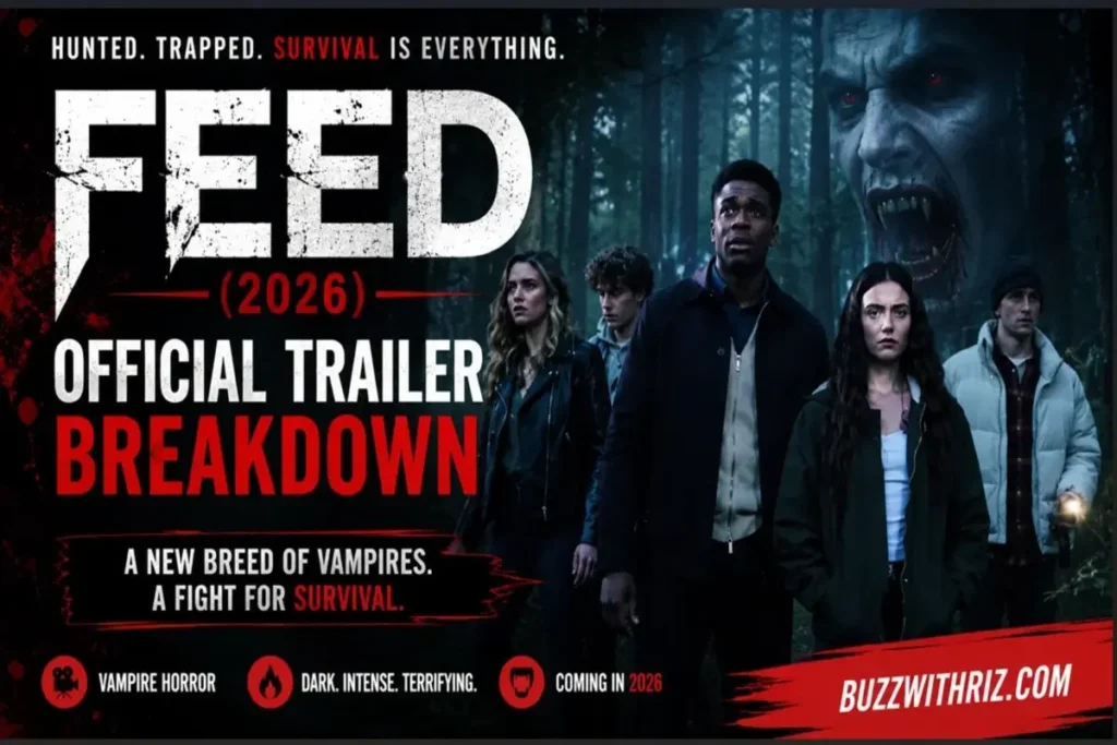 FEED (2026) Official Trailer Breakdown: Everything We Learned About the New Vampire Horror Movie FEED (2026) official trailer scene showing survivors walking through a dark forest as vampires hunt nearby.