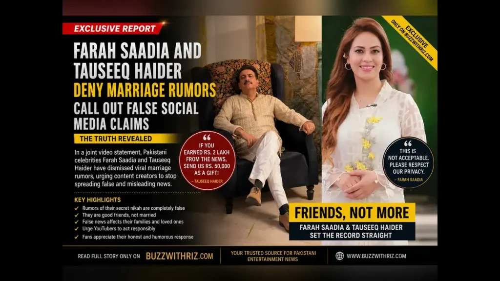 Farah Saadia and Tauseeq Haider clarify false marriage rumors in a public video message.