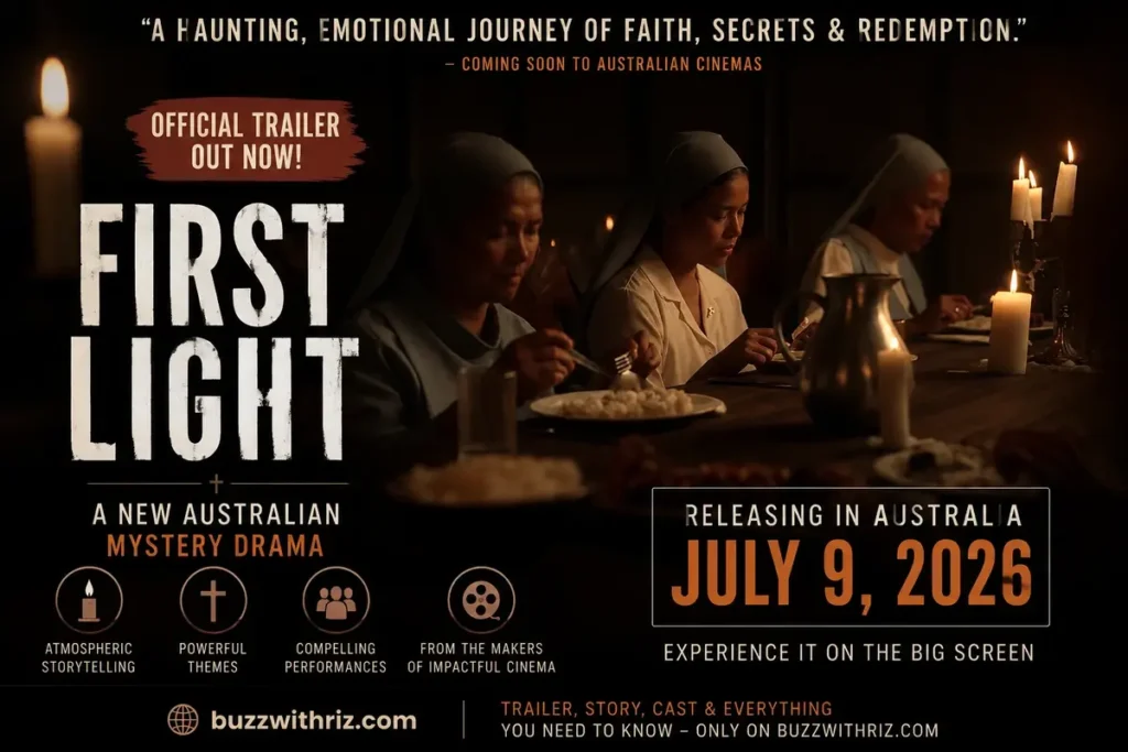 Scene from the First Light (2026) official trailer featuring women seated at a candlelit dinner table.