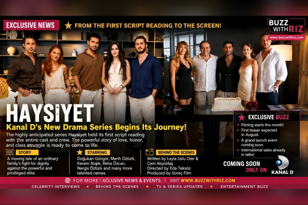 Haysiyet cast during the first official script reading for Kanal D's upcoming Turkish drama featuring Doğukan Güngör, Merih Öztürk, Kerem Alışık, and the ensemble cast.