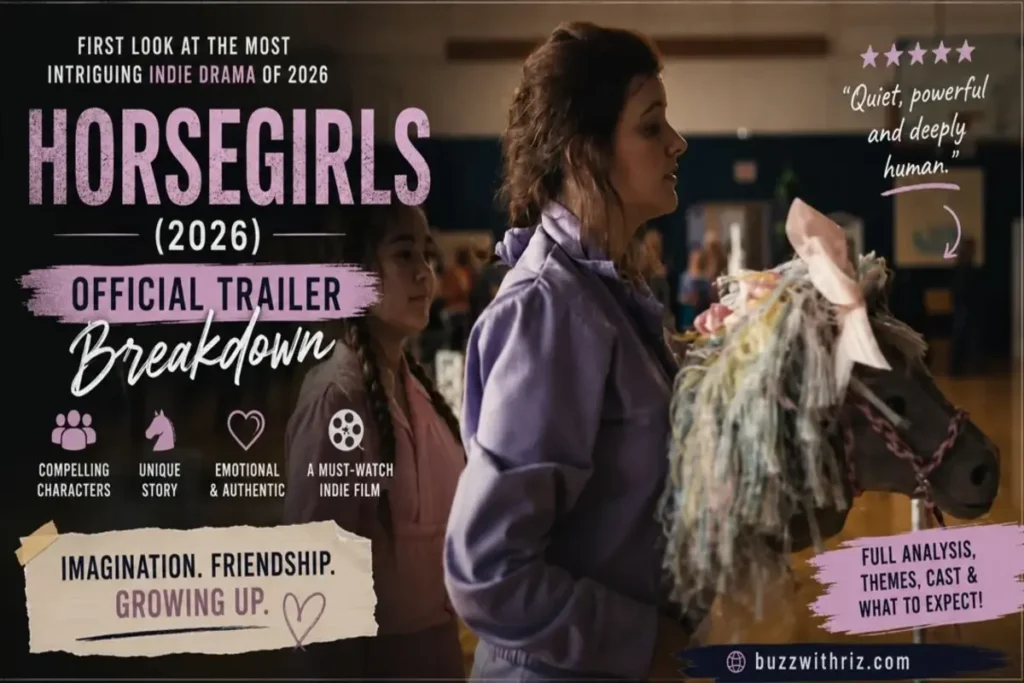 Horsegirls (2026) Official Trailer Breakdown: A Promising Coming-of-Age Drama Filled with Emotion and Mystery A scene from the official trailer for Horsegirls (2026) showing a participant carrying a decorated hobby horse inside a gymnasium during a community event.
