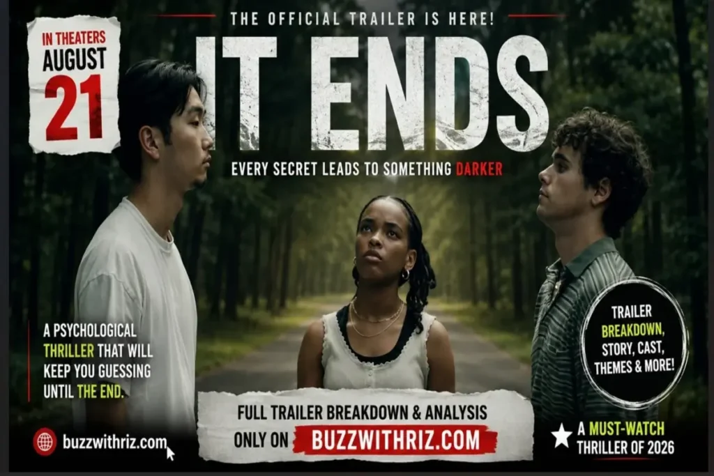 Three friends stand on a deserted forest road in the official trailer for It Ends (2026), a psychological thriller releasing in theaters on August 21.