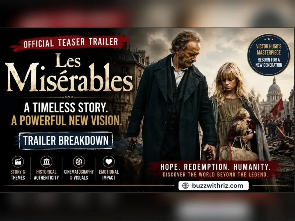 Young girl walking beside an older man in the Les Misérables Official Teaser Trailer, highlighting the film's emotional period-drama atmosphere.