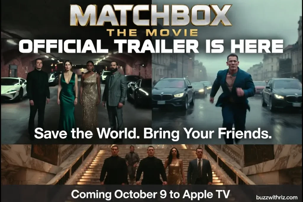 Matchbox movie trailer cast walking through a grand mansion for Apple TV action adventure