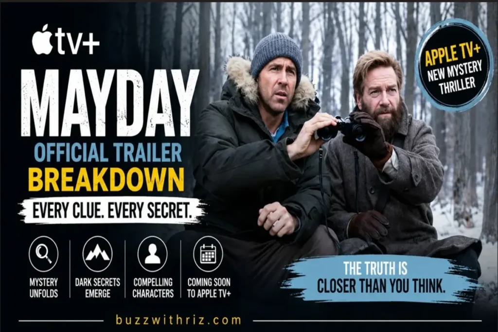Two lead characters investigate a snowy forest in the Mayday Official Trailer from Apple TV+.