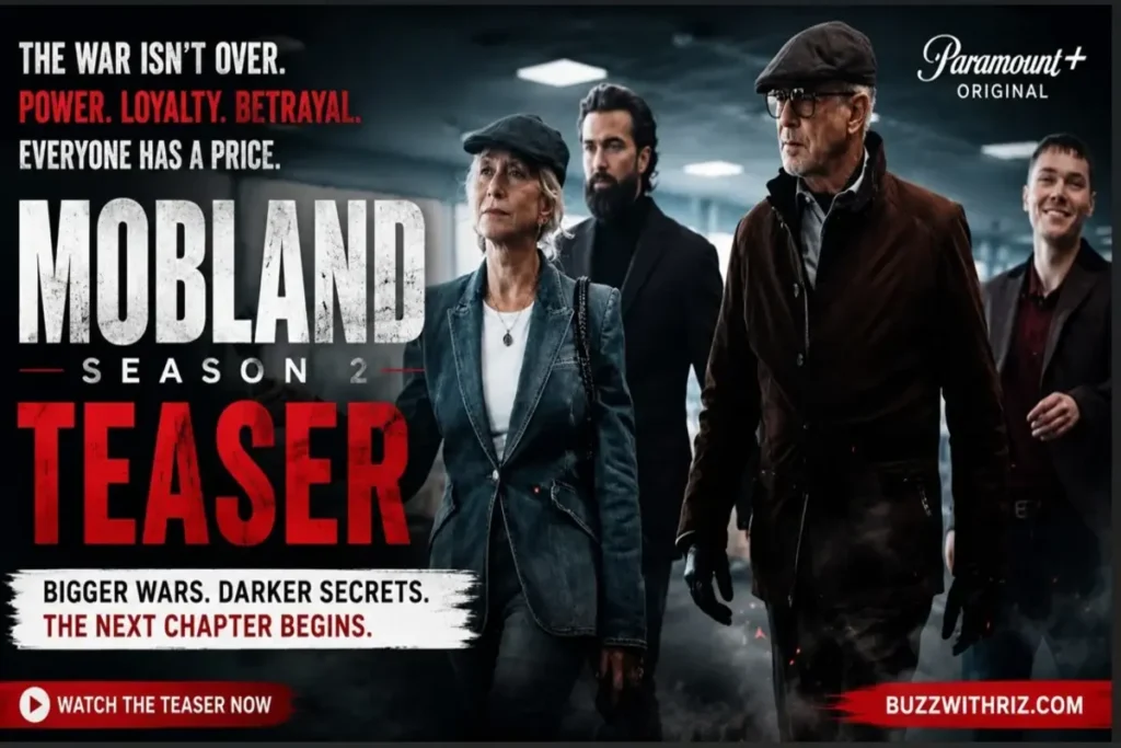 MobLand Season 2 teaser featuring the main cast in a tense scene from the upcoming Paramount+ crime drama.