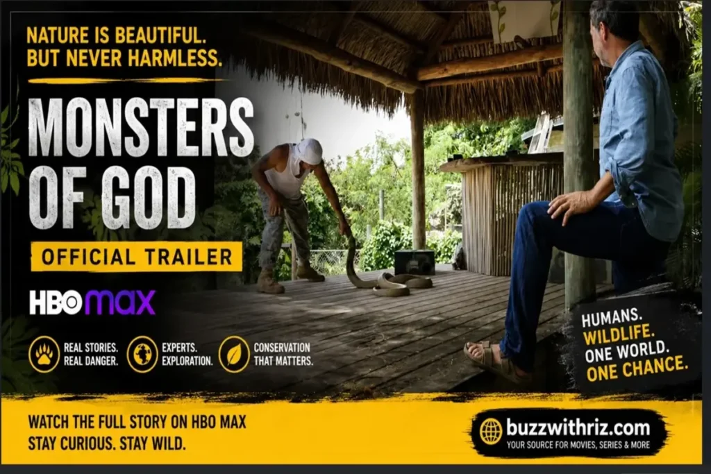 Monsters of God Official Trailer Breakdown: HBO Max Explores Humanity’s Dangerous Relationship with Wildlife Monsters of God official trailer showing a wildlife expert handling a large snake in the HBO Max documentary.