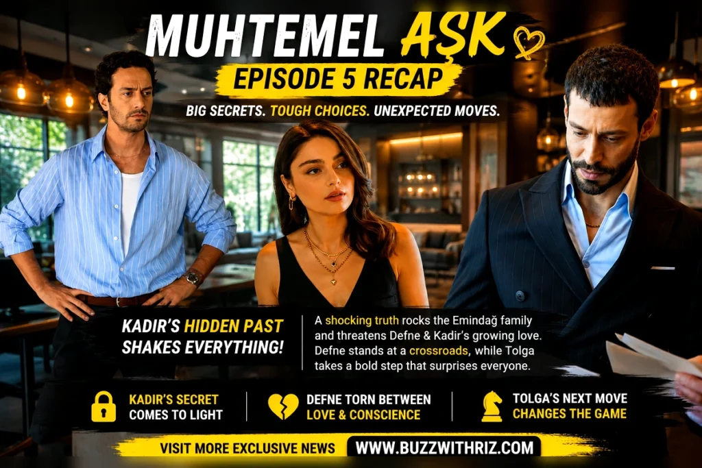 Muhtemel Aşk Episode 5 Recap featuring Defne, Kadir, and Tolga as Kadir's hidden past threatens their future in the Turkish romantic drama.