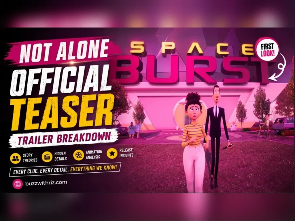 Main characters standing outside the futuristic Space Burst building in the Not Alone Official Teaser Trailer.