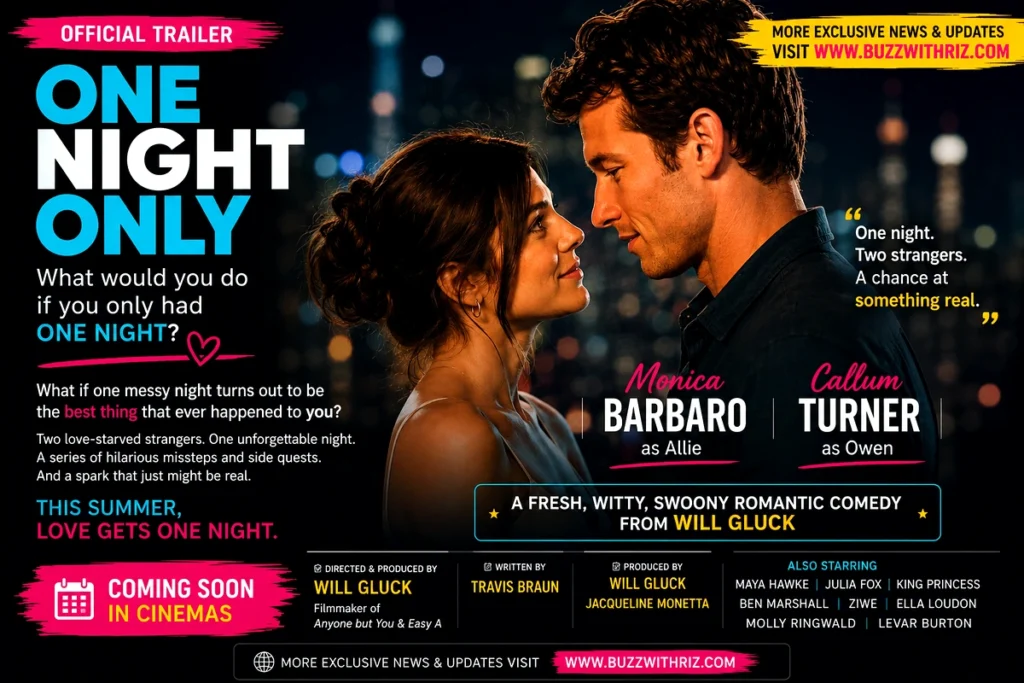 One Night Only Official Trailer Movi relase 7 August: A Charming Romantic Comedy About Finding Love When You Least Expect It Official poster of One Night Only featuring Monica Barbaro and Callum Turner.