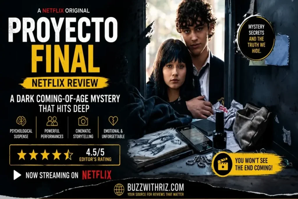 Two teenage characters stand in a doorway beside sketches and personal belongings in a dramatic still from Netflix's Proyecto Final trailer.