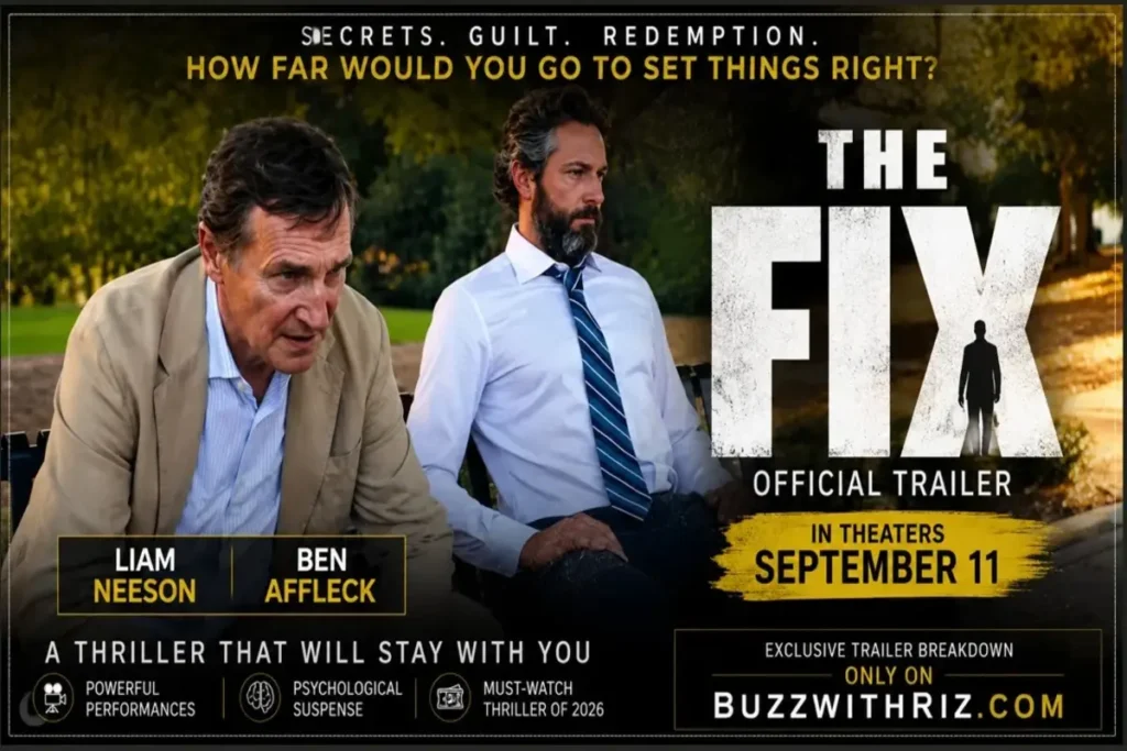 Liam Neeson and Ben Affleck in a tense scene from The Fix (2026) Official Trailer.