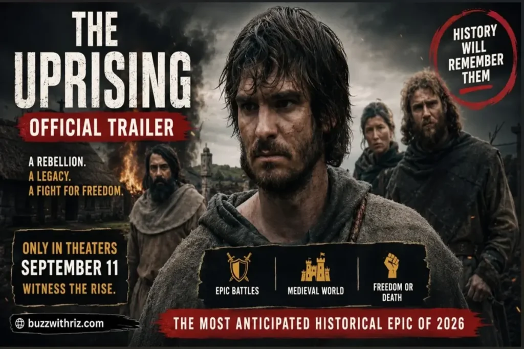 A determined young rebel stands before villagers in The Uprising (2026) official trailer.