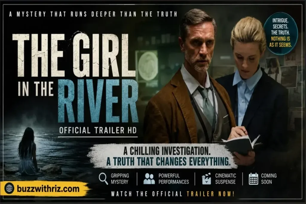 The Girl in the River official trailer scene featuring investigators examining evidence in a tense crime investigation.