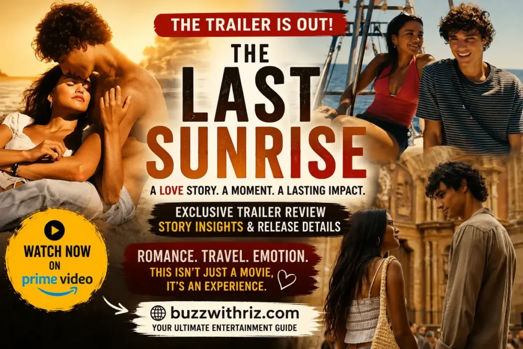 The Last Sunrise romantic couple embracing on a sunlit beach in the Prime Video film