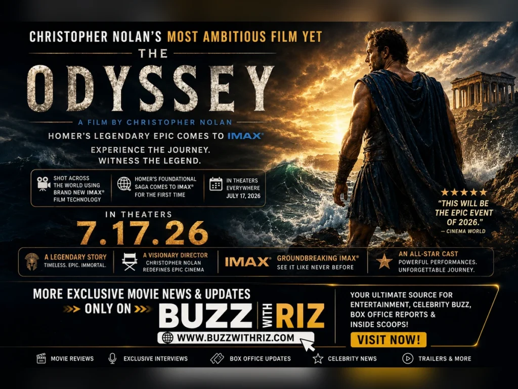 Christopher Nolan's The Odyssey movie poster featuring the official 2026 theatrical announcement.