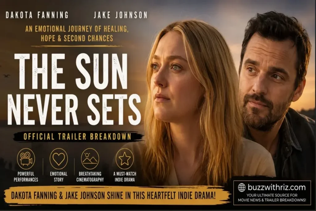 The Sun Never Sets trailer featuring Dakota Fanning and Jake Johnson in an emotional independent drama.