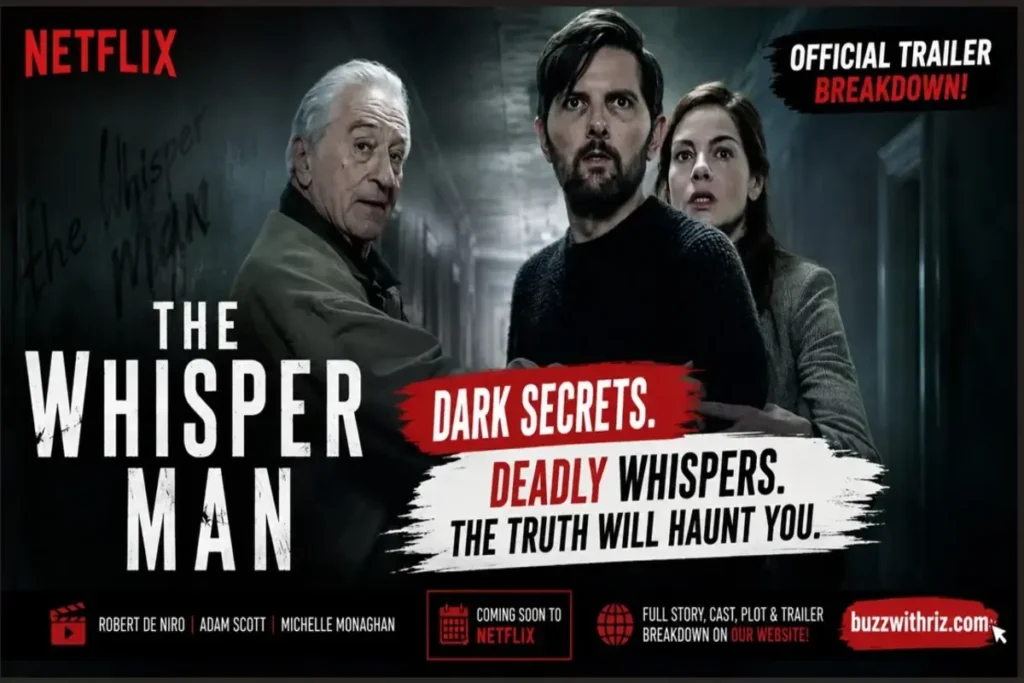 The Whisper Man Netflix official trailer featuring Robert De Niro, Adam Scott and Michelle Monaghan in a suspenseful hallway scene.