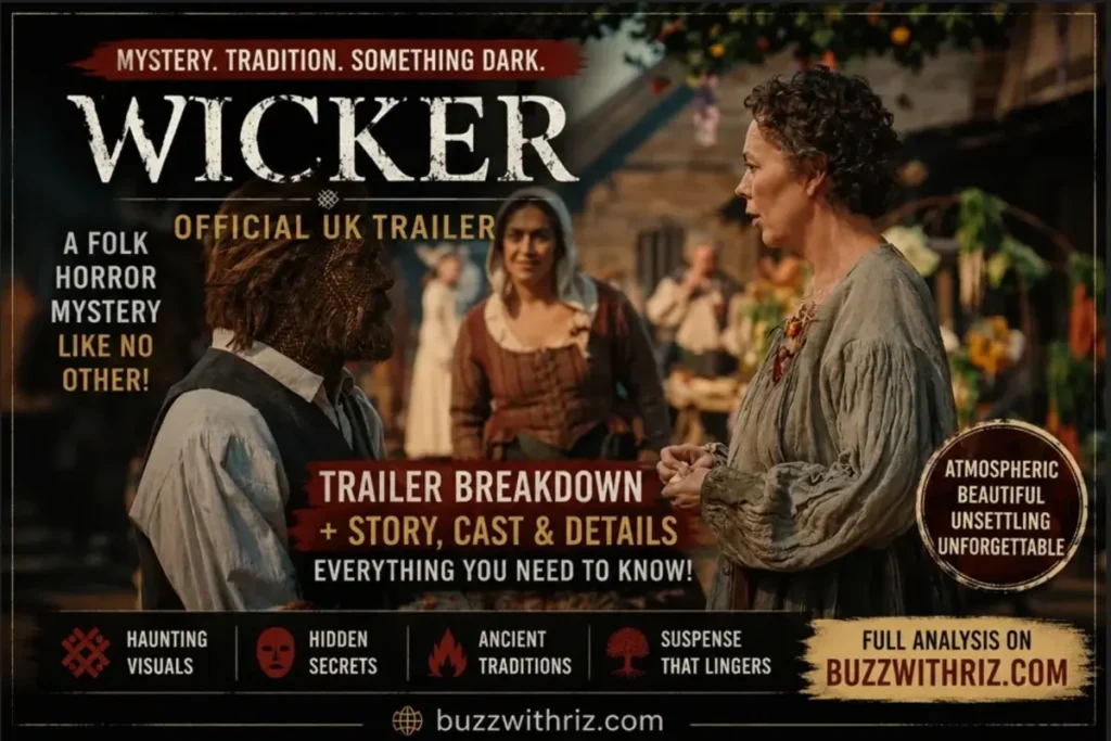 WICKER Official UK Trailer Breakdown: A Chilling Folk Horror Mystery Wrapped in Suspense A tense scene from the WICKER Official UK Trailer featuring villagers in a mysterious rural setting.