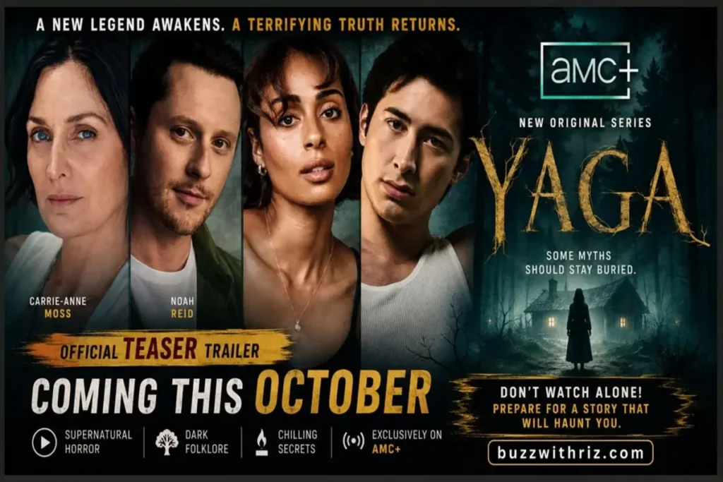 YAGA Official Teaser Trailer Breakdown: Why AMC+’s New Folk Horror Series Could Become October’s Biggest Streaming Event Carrie-Anne Moss, Noah Reid and cast members featured in the official YAGA teaser trailer for AMC+ supernatural horror series.