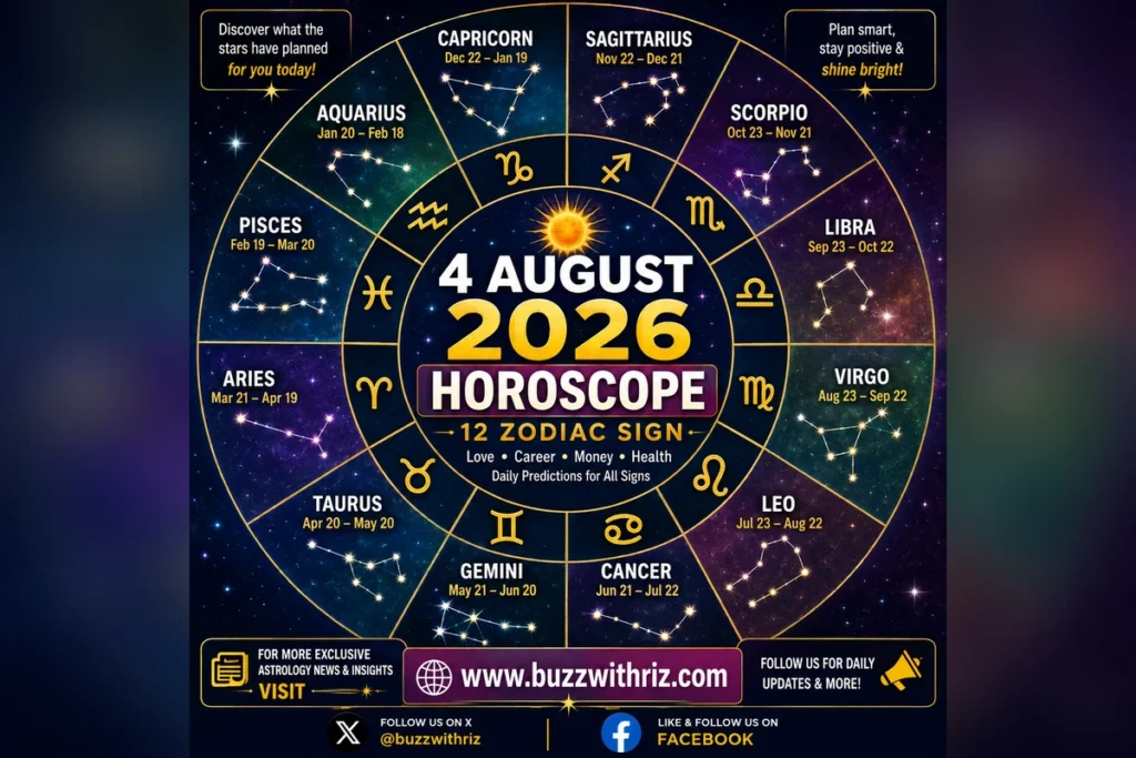 04 August 2026 Horoscope: Daily Astrology Predictions for Love, Career, Money & Health 04 August 2026 horoscope featuring astrology predictions for Aries, Taurus, Gemini, Cancer, Leo, Virgo, Libra, Scorpio, Sagittarius, Capricorn, Aquarius, and Pisces.