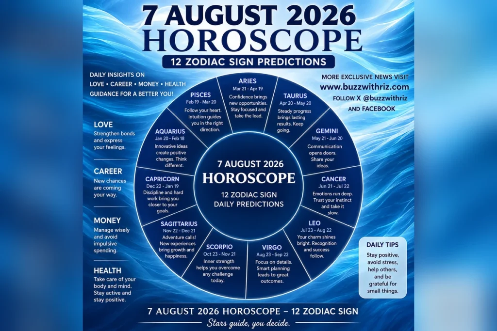 7 August 2026 horoscope featuring daily predictions for all 12 zodiac signs including love, career, money, and health.