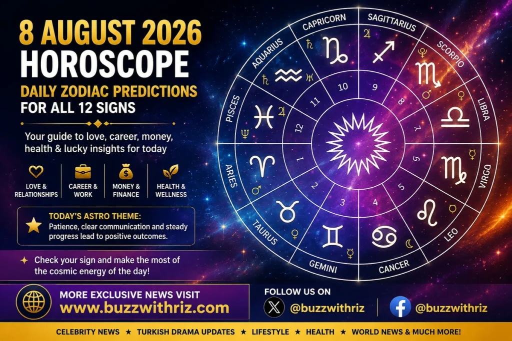 8 August 2026 horoscope featuring daily zodiac predictions for all 12 zodiac signs including love, career, money, and health.