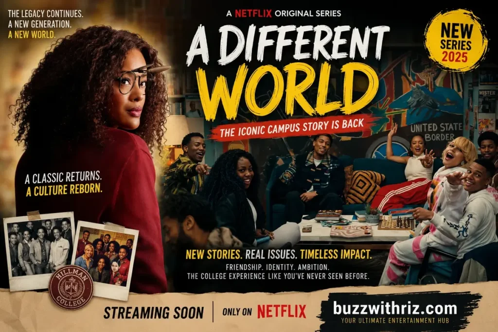 A Different World Returns: Why Netflix’s Reboot Is Already a Cultural Event Promotional poster for Netflix's A Different World reboot featuring a new generation of college students, campus life, friendship, identity, and cultural storytelling.
