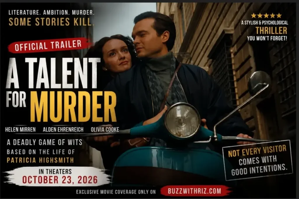 A Talent for Murder Official Trailer Sets Up a Deadly Battle of Wits Helen Mirren and Alden Ehrenreich in A Talent for Murder on a vintage scooter