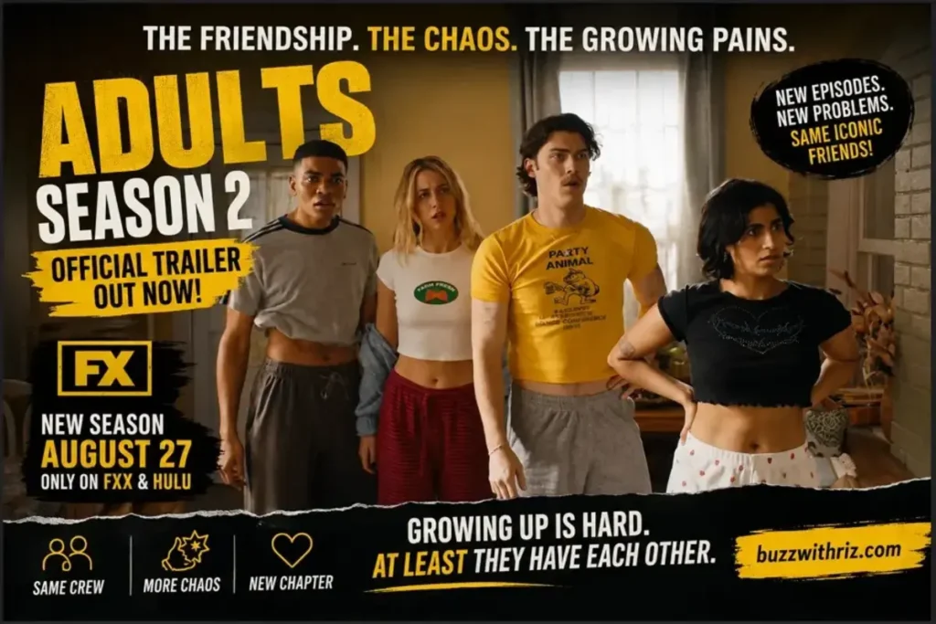 Adults Season 2 cast standing together in a New York home
