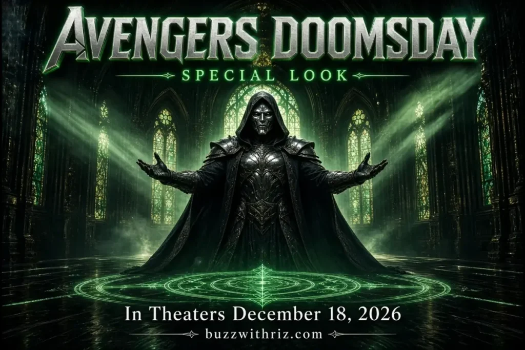 Doctor Doom stands in a dark green-lit hall for an Avengers: Doomsday promotional graphic.
