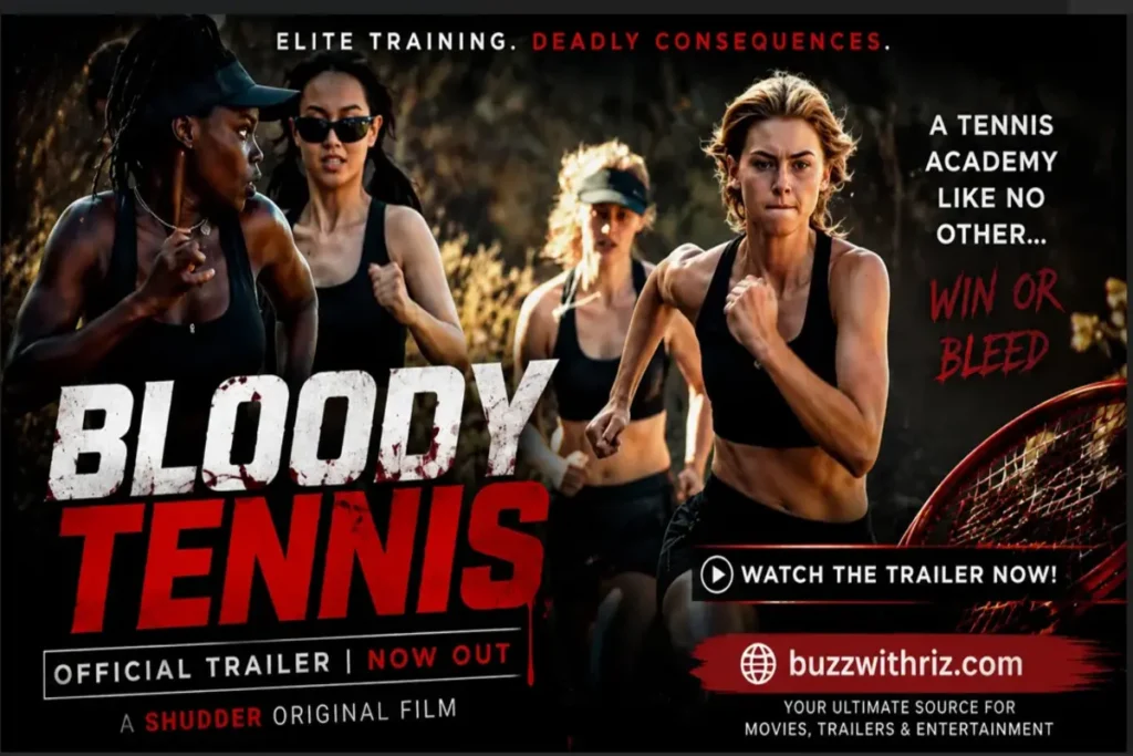 Bloody Tennis Official Trailer: Shudder Serves Up a Nightmare of Elite Competition Bloody Tennis players running in the forest in Shudder horror movie trailer