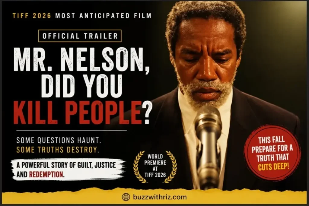 Mr. Nelson standing before a microphone in the official TIFF 2026 trailer for the psychological drama Mr. Nelson, Did You Kill People?