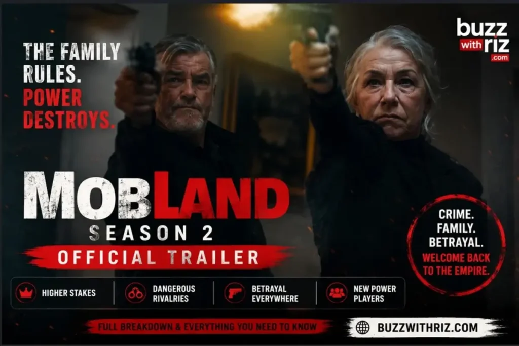 MobLand Season 2 official trailer showing two armed characters during an intense confrontation.