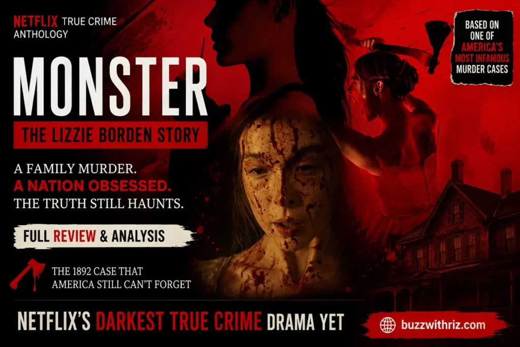 Monster The Lizzie Borden Story Netflix true crime drama promotional image featuring dark red cinematic artwork