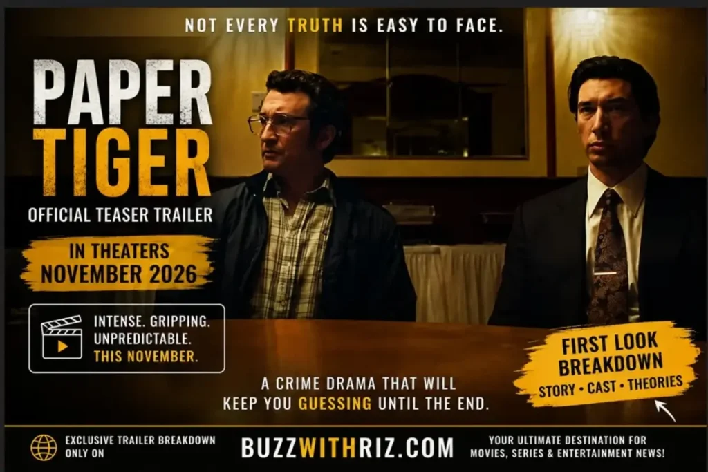 Paper Tiger (2026) official teaser trailer featuring two men during an intense interrogation scene.