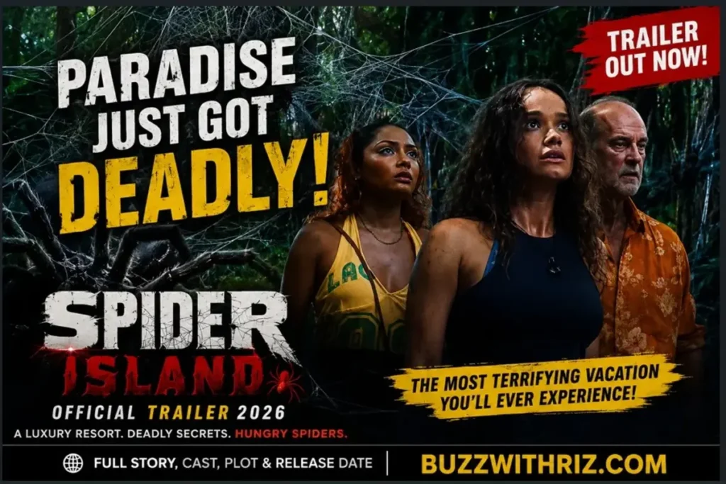 Spider Island Trailer 2026: A Luxury Island Vacation Turns Into a Nightmare Spider Island 2026 trailer scene with characters surrounded by spider webs