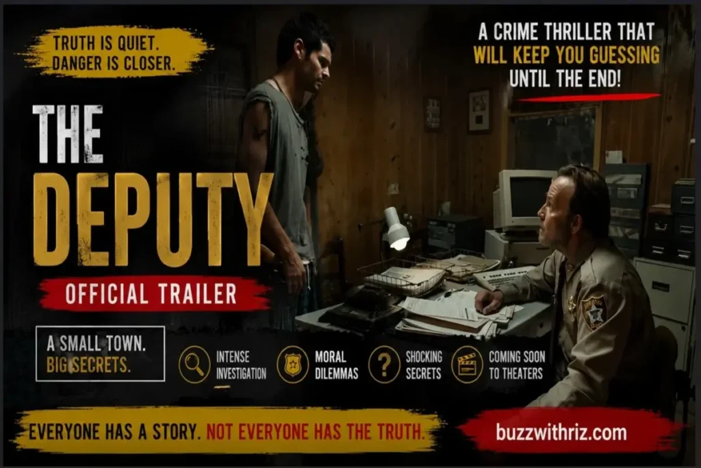 The Deputy (2026) Official Trailer Breakdown: A Slow-Burning Crime Thriller That Commands Attention A tense interrogation scene from The Deputy (2026) Official Trailer featuring a sheriff questioning a young man inside a rural police office.