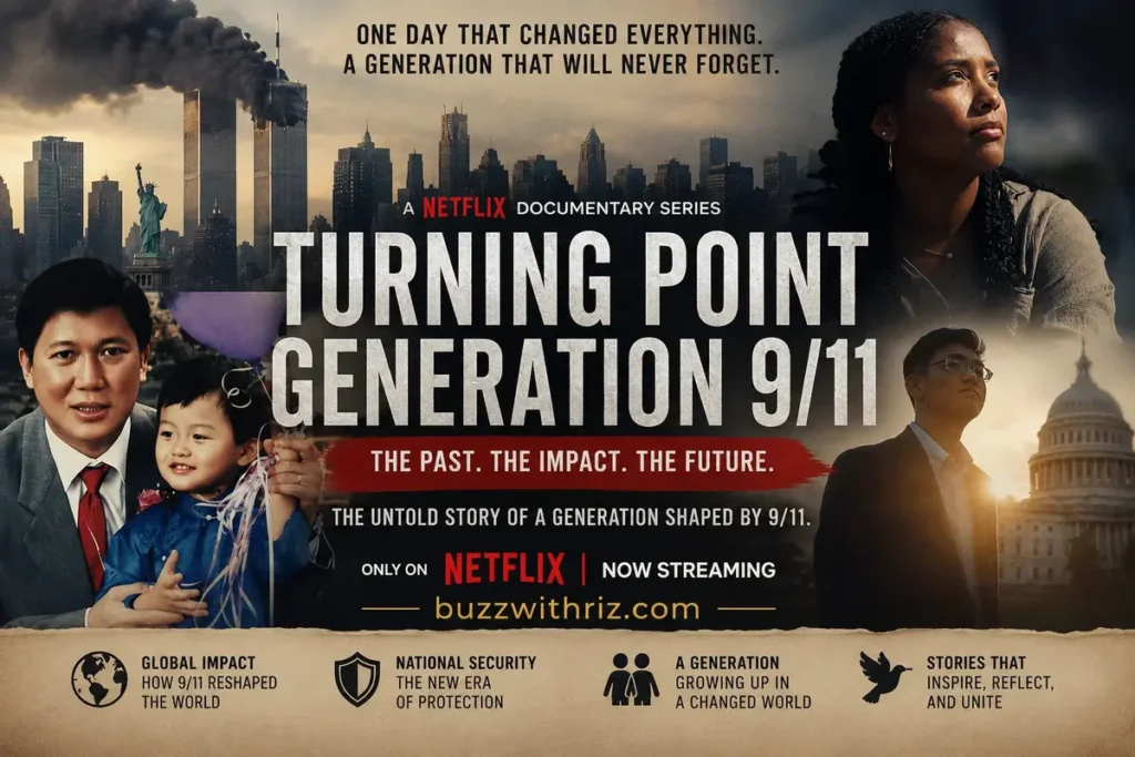 Turning Point Generation 9/11 Netflix documentary poster featuring survivors, historical imagery, the New York skyline, and the long-term impact of September 11.