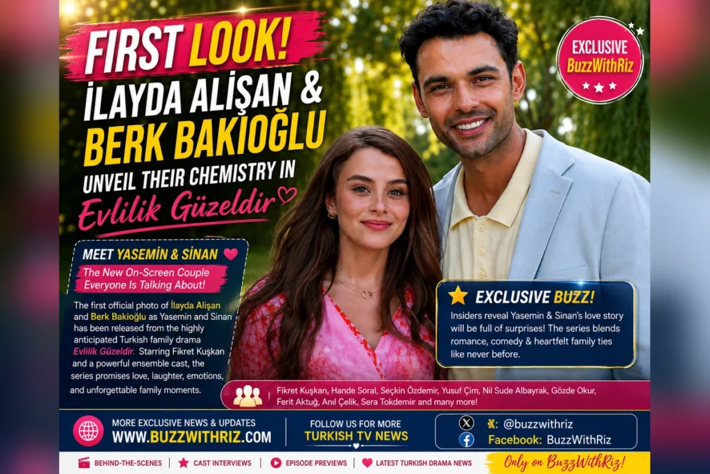 İlayda Alişan and Berk Bakioğlu as Yasemin and Sinan in the first official promotional photo from Evlilik Güzeldir