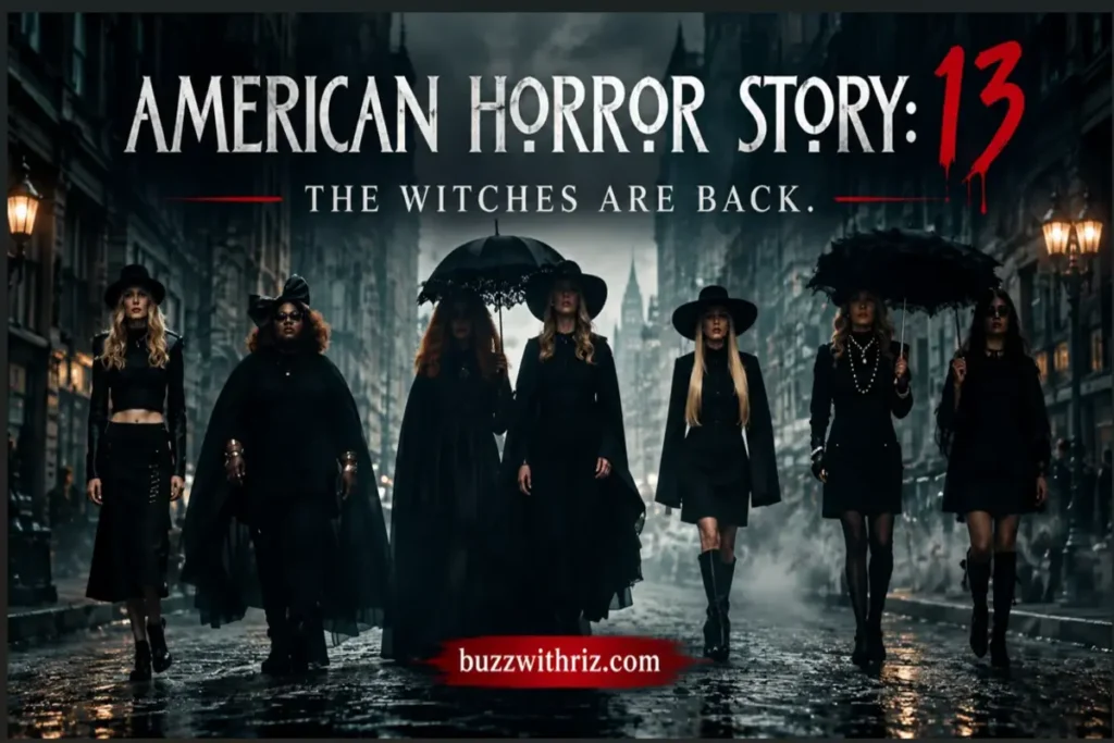 American Horror Story: 13 cast walking through a New York street in dark gothic costumes