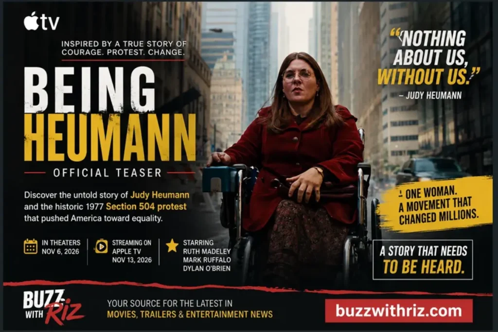 Being Heumann official teaser featuring Ruth Madeley in a wheelchair on a city street